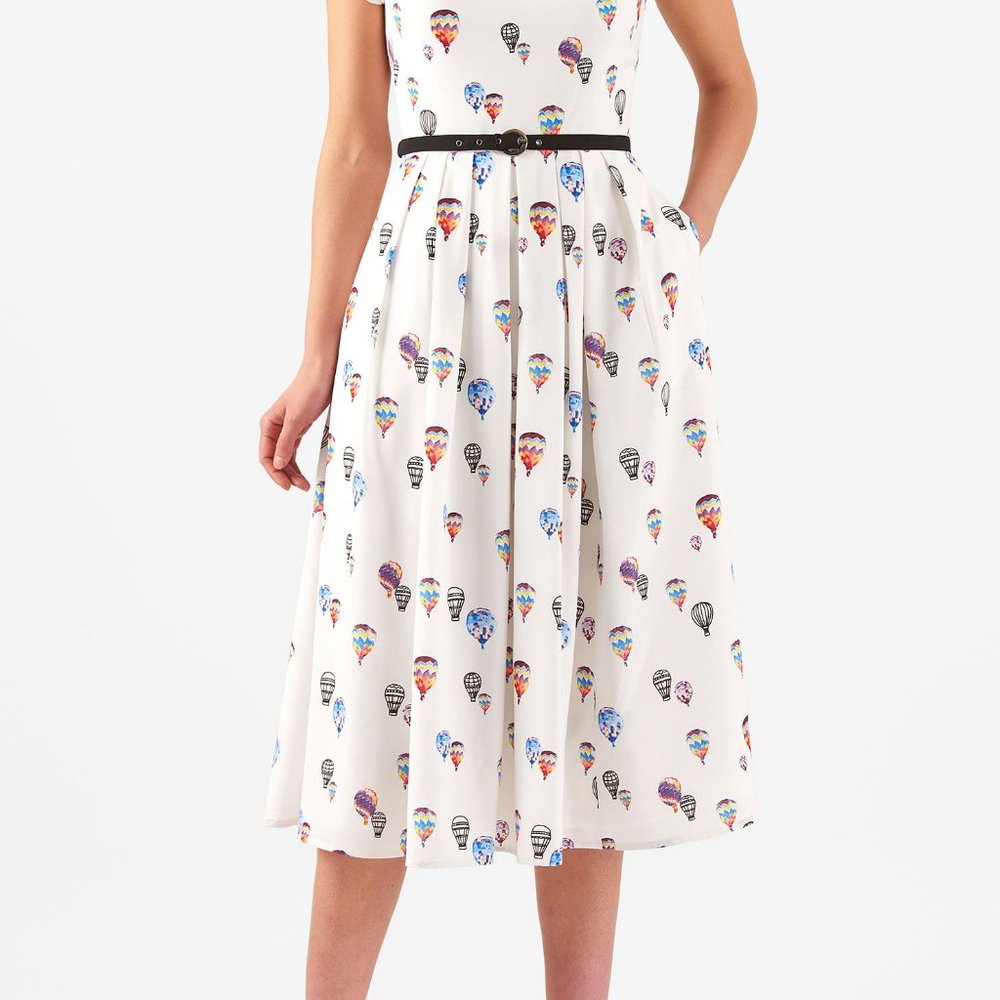Balloon Print Pleat Neck Crepe Dress